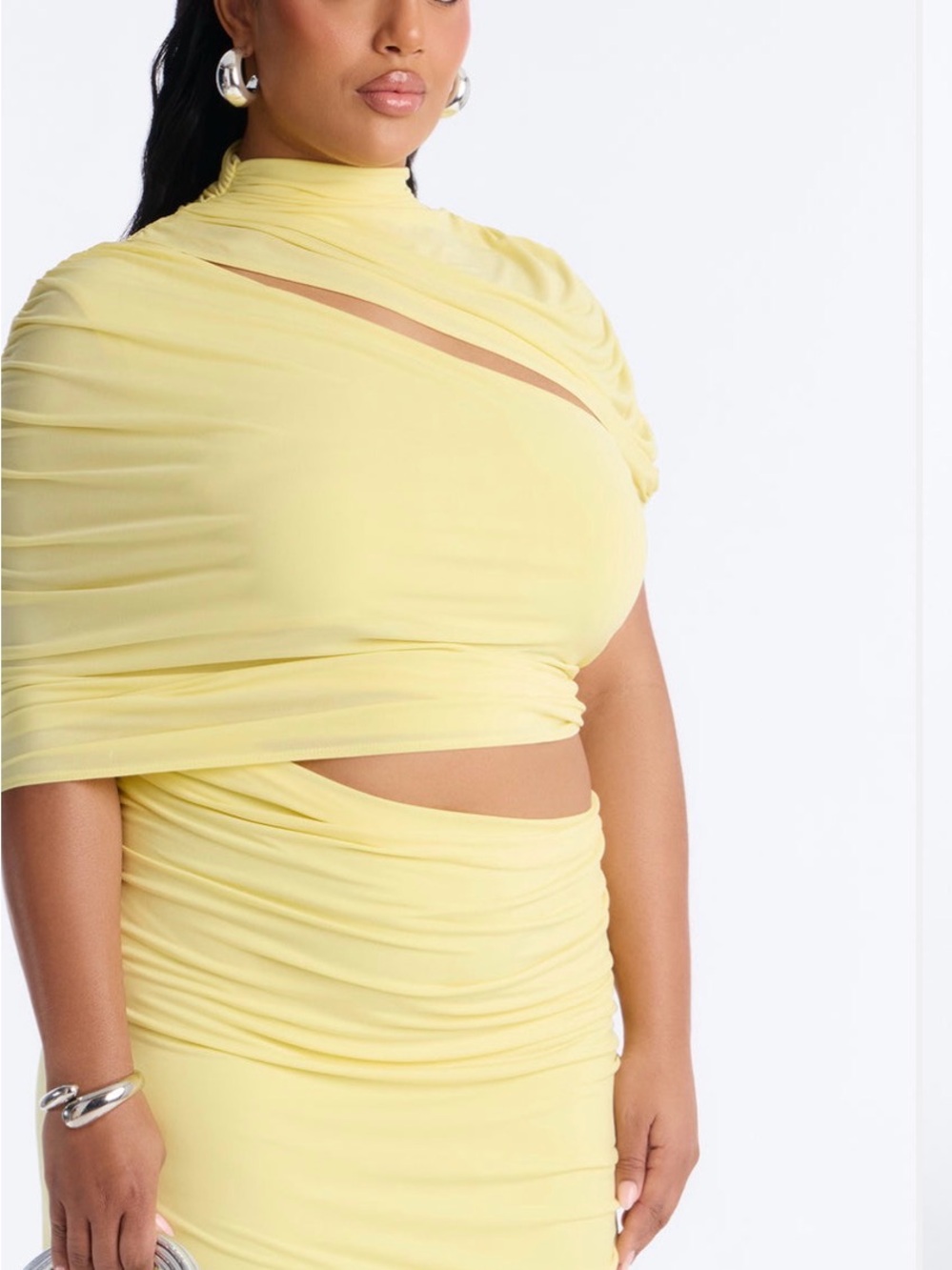 Fashion Nova Yellow Ruched Cutout Two-Piece Dress Set